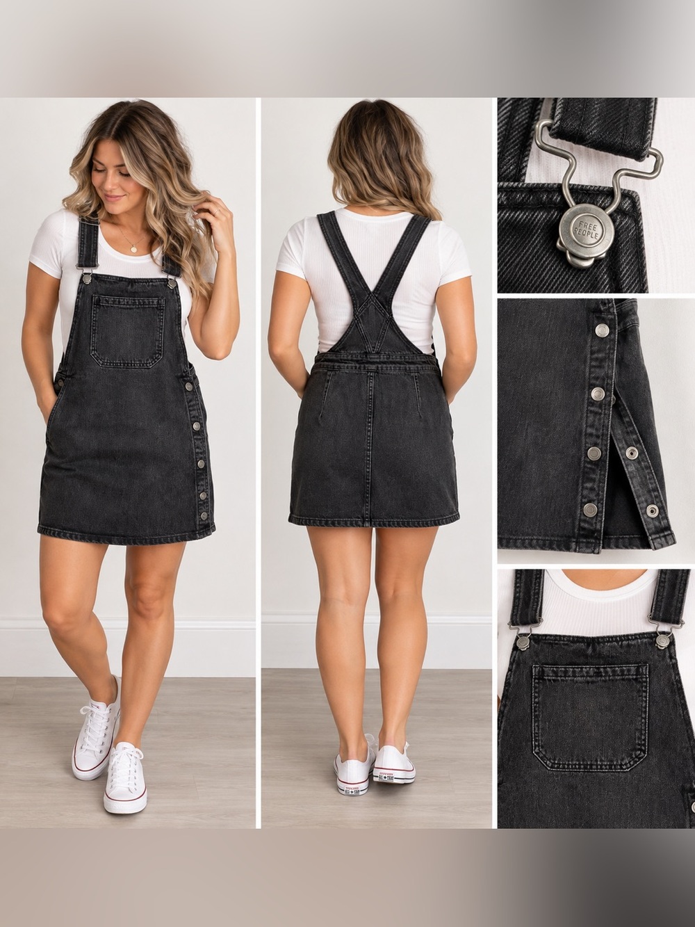 Free People Size 8 Black Denim Overall Pinafore Mini Dress Side Snap